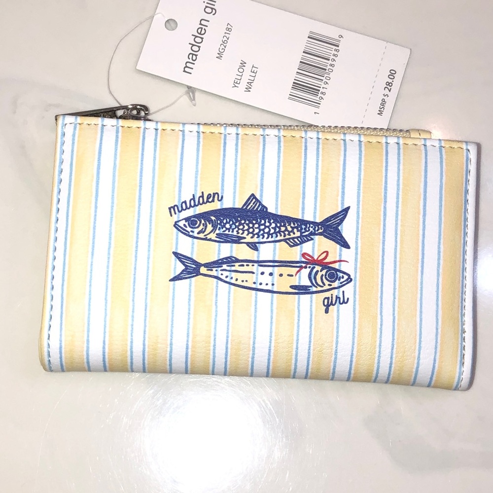 Madden Girl Yellow, Blue & White Striped Sardine Faux Leather Bifold Wallet NWT
